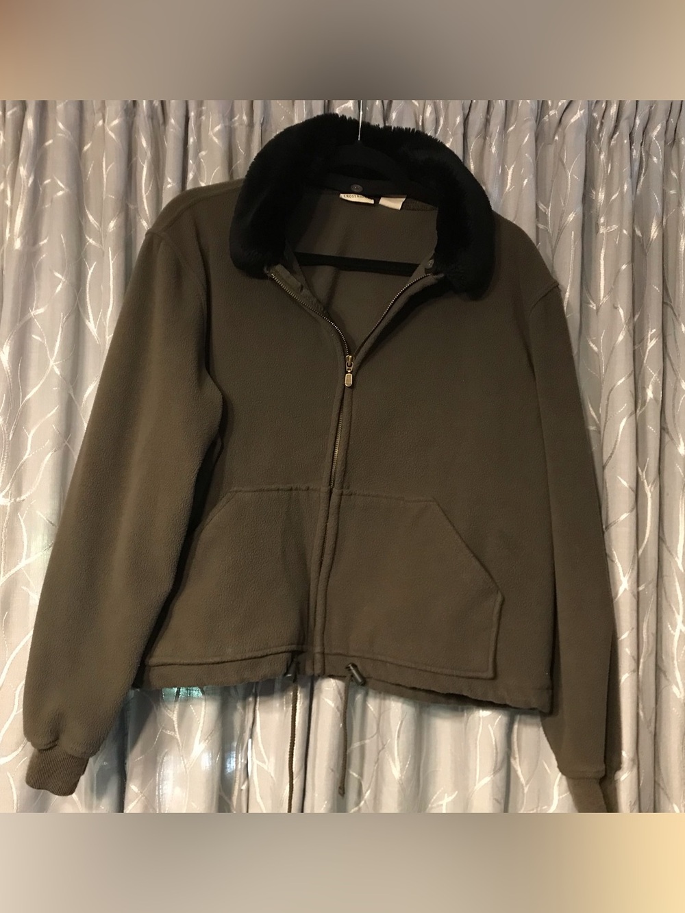 Olive Green Zip-Front Fleece Jacket with Black Faux Fur Collar